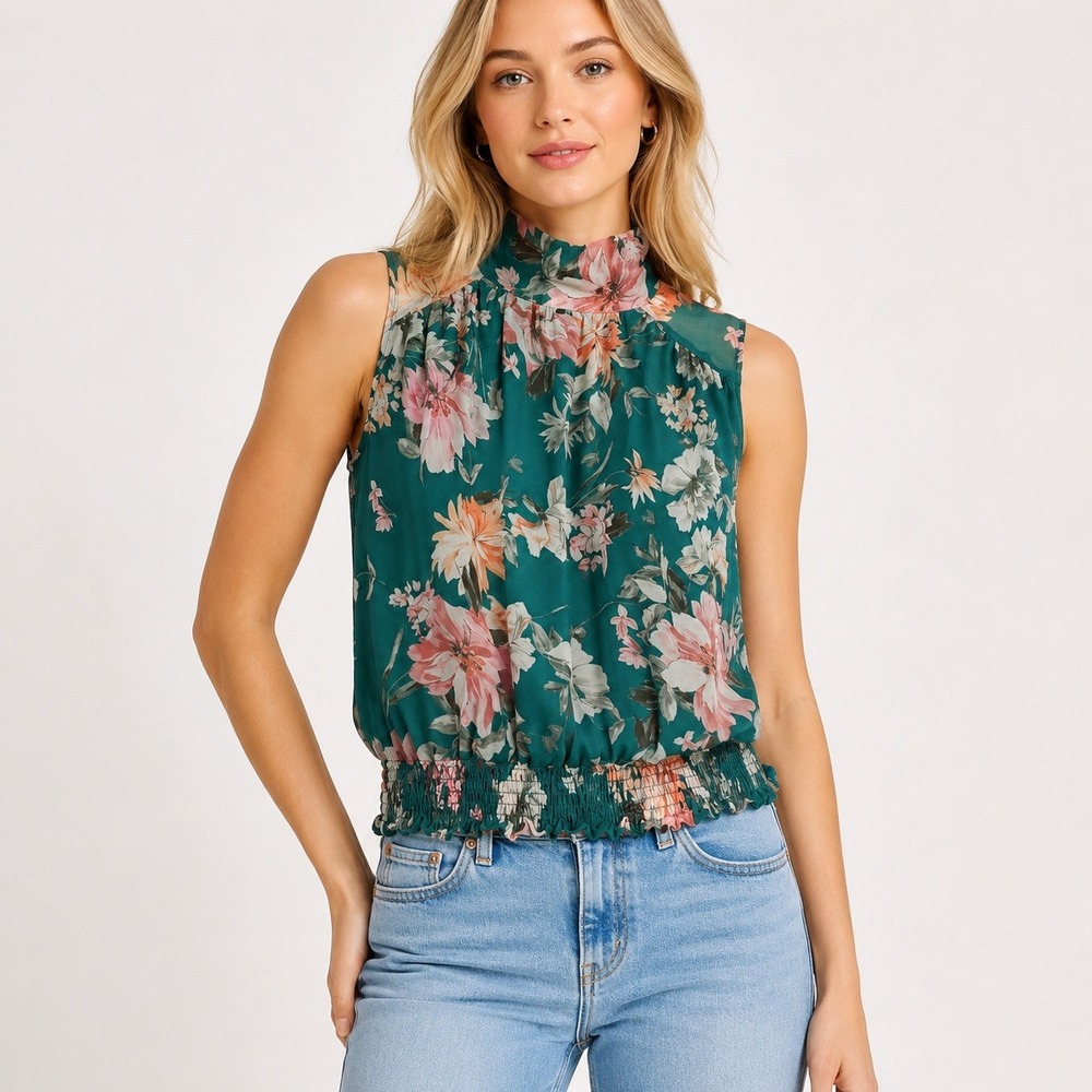 Veronica M Women's XS Teal Floral Mock Neck Sleeveless Smocked Hem Top